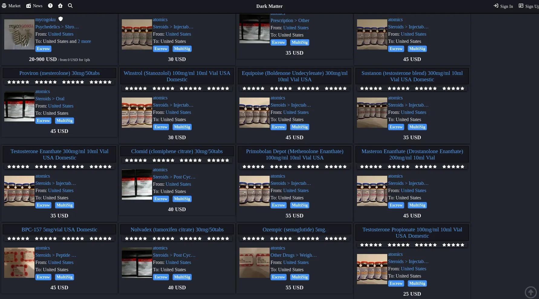 Screenshot of the Dark Matter Market interface showing various products and security features